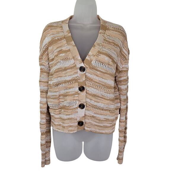 Veronica Beard Goliad Cardigan Women's XS Tan Cream Open Knit Stripe Casual Boho - Picture 1 of 15